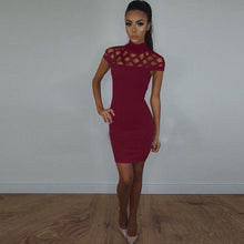 Women's Solid Dresses Sexy Hollow Out Short Sleeve Turtle Neck Bodycon Strechy Party Vestidos Clothings