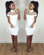 Women's Solid Dresses Sexy Hollow Out Short Sleeve Turtle Neck Bodycon Strechy Party Vestidos Clothings