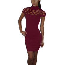 Women's Solid Dresses Sexy Hollow Out Short Sleeve Turtle Neck Bodycon Strechy Party Vestidos Clothings