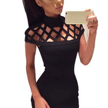 Women's Solid Dresses Sexy Hollow Out Short Sleeve Turtle Neck Bodycon Strechy Party Vestidos Clothings