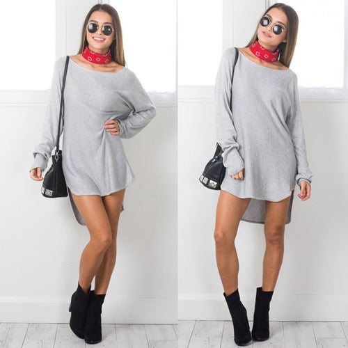 Womens Mini Dress Brief Solid Color Long Sleeve Loose Plus Size Casual Irregular Party Tunic Dress Vestidos M0512