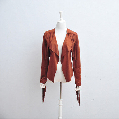 Faux Suede Small Lapel Tassel Irregular Fringed Cardigan Short Jacket Casual Outwear Coat Tops Black Khaki s - xl