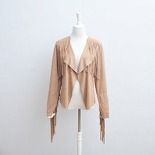 Faux Suede Small Lapel Tassel Irregular Fringed Cardigan Short Jacket Casual Outwear Coat Tops Black Khaki s - xl