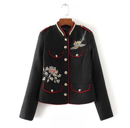 Floral Flowers Birds Embroidery Jacket Military Pockets Button Personality Cool Slim Coat ZA Mandarin Collar Epaulet Outerwear