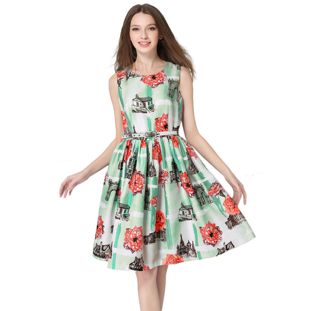 floral-print-women-dress-fresh-elegant-sleeveless-o-neck-slim-office-dress-pleated-waist-with-belt-green BBL