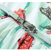 floral-print-women-dress-fresh-elegant-sleeveless-o-neck-slim-office-dress-pleated-waist-with-belt-green BBL