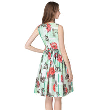 floral-print-women-dress-fresh-elegant-sleeveless-o-neck-slim-office-dress-pleated-waist-with-belt-green BBL