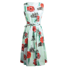 floral-print-women-dress-fresh-elegant-sleeveless-o-neck-slim-office-dress-pleated-waist-with-belt-green BBL