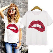 T shirt Sequined Mouth Print T-shirt Women Tops Casual Short Sleeve Cotton T-shirts For Women S-XL