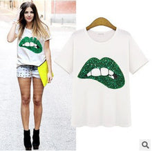 T shirt Sequined Mouth Print T-shirt Women Tops Casual Short Sleeve Cotton T-shirts For Women S-XL