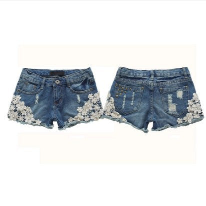 Lace Floral Beading Denim Shorts Retro Rivet Jean Shorts Flange Hole Short Feminino Washed Ripped Women Shorts XXL