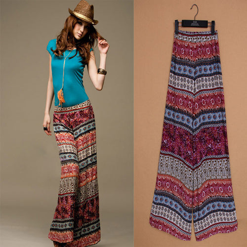 bohemian long maxi pants print vintage pants wide leg exotic casual large size for laides