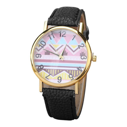 Geometry Pattern Leather Band Watch Men Women Wrist Watches