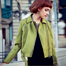 Green Double Lapel Faux Suede Jacket Metal buckle Slim fit Short Biker Jacket Women Adjustment Belt Zipper Coat Outerwear Tops