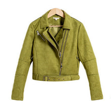 Green Double Lapel Faux Suede Jacket Metal buckle Slim fit Short Biker Jacket Women Adjustment Belt Zipper Coat Outerwear Tops
