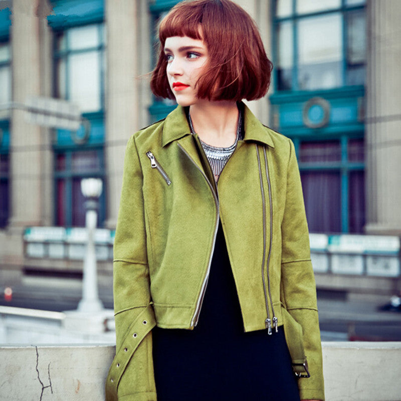 Green Double Lapel Faux Suede Jacket Metal buckle Slim fit Short Biker Jacket Women Adjustment Belt Zipper Coat Outerwear Tops