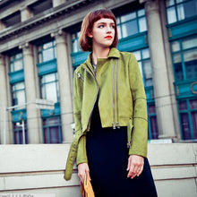 Green Double Lapel Faux Suede Jacket Metal buckle Slim fit Short Biker Jacket Women Adjustment Belt Zipper Coat Outerwear Tops