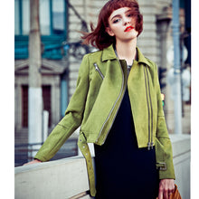 Green Double Lapel Faux Suede Jacket Metal buckle Slim fit Short Biker Jacket Women Adjustment Belt Zipper Coat Outerwear Tops