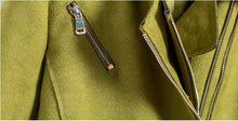 Green Double Lapel Faux Suede Jacket Metal buckle Slim fit Short Biker Jacket Women Adjustment Belt Zipper Coat Outerwear Tops