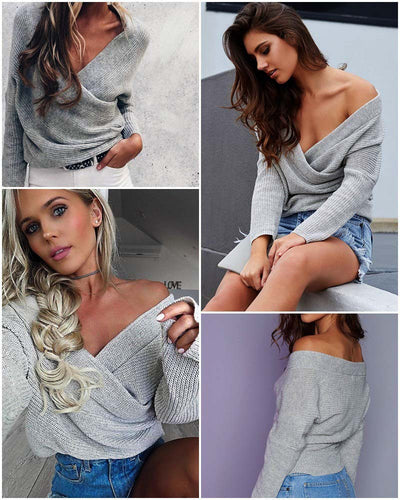 Grey Kahki Fold Off Shoulder Kintted Sweater Women Casual Pullovers Sexy Slim Loose Long Sleeve Tops LX102