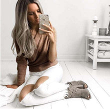 Grey Kahki Fold Off Shoulder Kintted Sweater Women Casual Pullovers Sexy Slim Loose Long Sleeve Tops LX102