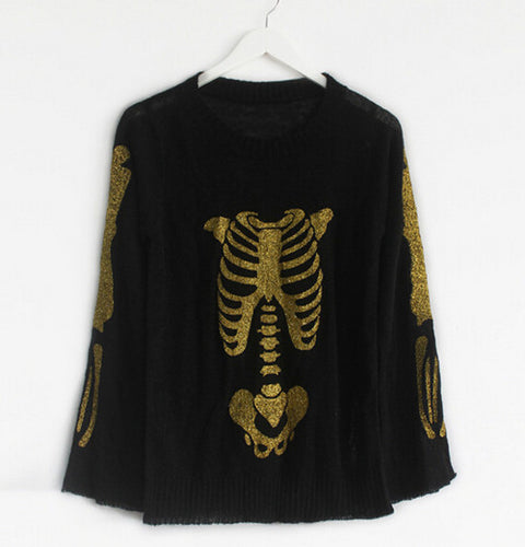 Women's Sweater Bronzing Golden Color SKULL BONE Print Loose Knitted Horn Sleeve Sweater Jumper Knitwear Tops