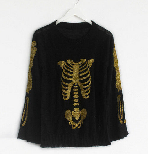 Women's Sweater Bronzing Golden Color SKULL BONE Print Loose Knitted Horn Sleeve Sweater Jumper Knitwear Tops
