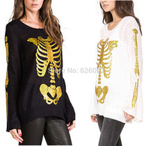 Women's Sweater Bronzing Golden Color SKULL BONE Print Loose Knitted Horn Sleeve Sweater Jumper Knitwear Tops