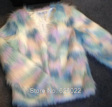 Women's 4 inches Long Hairy Faux Fur Mixed Colors Rainbow Blooming Gradual Color Jacket Coat Long sleeve Shaggy Outwear