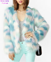 Women's 4 inches Long Hairy Faux Fur Mixed Colors Rainbow Blooming Gradual Color Jacket Coat Long sleeve Shaggy Outwear