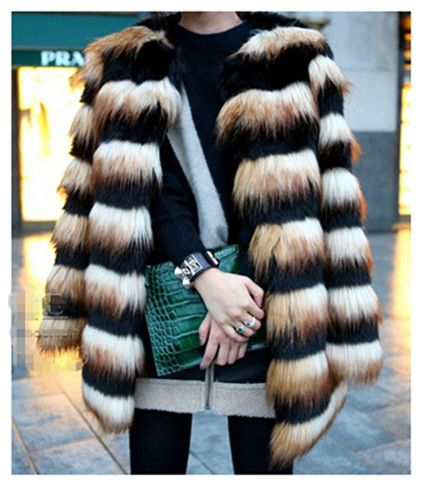 Hairy Shaggy Faux Fox Fur Round Neck Contrast Color Striped Jackets Long Coat SUPER QUALITY Women's Outerwear