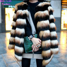 Hairy Shaggy Faux Fox Fur Round Neck Contrast Color Striped Jackets Long Coat SUPER QUALITY Women's Outerwear