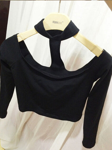 Halter AA long Sleeved Crop top Bustier Camisetas Back Y Tops Canotta Donna off shoulder Tee S M White / Pink / Black