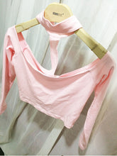 Halter AA long Sleeved Crop top Bustier Camisetas Back Y Tops Canotta Donna off shoulder Tee S M White / Pink / Black