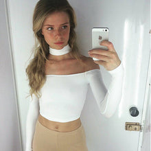 Halter AA long Sleeved Crop top Bustier Camisetas Back Y Tops Canotta Donna off shoulder Tee S M White / Pink / Black