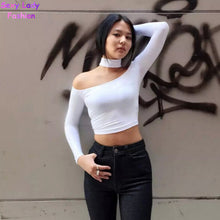 Halter AA long Sleeved Crop top Bustier Camisetas Back Y Tops Canotta Donna off shoulder Tee S M White / Pink / Black