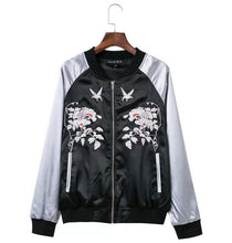 Harajuku Animal Bird Flower Embroidery Jacket Women Contrast color Sleeve Bomber Jacket Coat Pilots Couple Outerwear