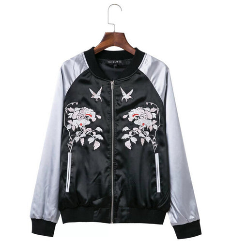Harajuku Animal Bird Flower Embroidery Jacket Women Contrast color Sleeve Bomber Jacket Coat Pilots Couple Outerwear