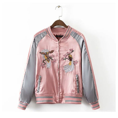 Harajuku Animal Phoenix Flower Embroidery Jacket Women Pink Gray Contrast color Sleeve Bomber Pilots Jacket Coat