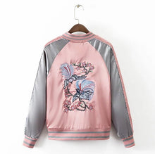 Harajuku Animal Phoenix Flower Embroidery Jacket Women Pink Gray Contrast color Sleeve Bomber Pilots Jacket Coat