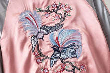 Harajuku Animal Phoenix Flower Embroidery Jacket Women Pink Gray Contrast color Sleeve Bomber Pilots Jacket Coat