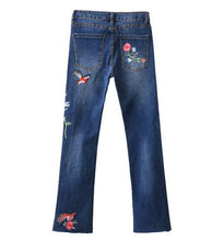 Harajuku Appliques Diamond Flower Embroidery Denim Pants Woman Flare Jeans Femme Long Jeans Feminino