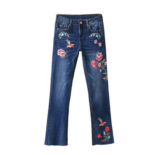 Harajuku Appliques Diamond Flower Embroidery Denim Pants Woman Flare Jeans Femme Long Jeans Feminino