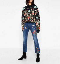 Harajuku Appliques Diamond Flower Embroidery Denim Pants Woman Flare Jeans Femme Long Jeans Feminino