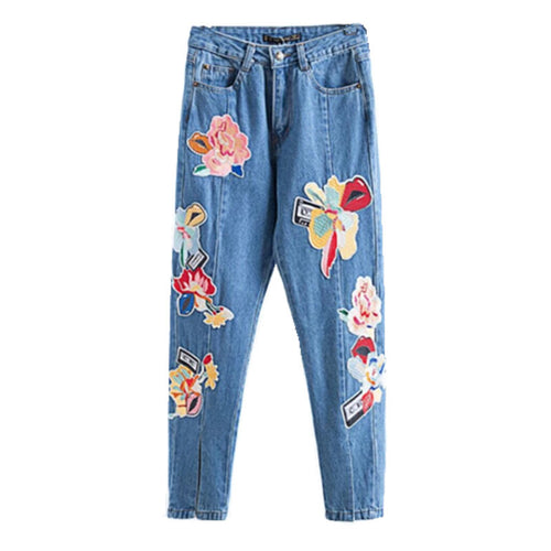Harajuku Appliques Flower Embroidery Denim Pants Woman Casual Jeans Femme Taille Haute Pantalon Pants Long Jeans Feminino
