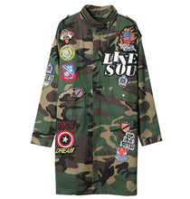 Harajuku Badge Letter Appliques Embroidery Ghost head Camoufla Trench Woman Stand Collar Loose Coat Casual Outerwear