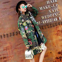 Harajuku Badge Letter Appliques Embroidery Ghost head Camoufla Trench Woman Stand Collar Loose Coat Casual Outerwear