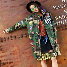Harajuku Badge Letter Appliques Embroidery Ghost head Camoufla Trench Woman Stand Collar Loose Coat Casual Outerwear