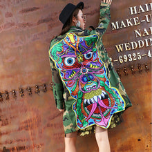 Harajuku Badge Letter Appliques Embroidery Ghost head Camoufla Trench Woman Stand Collar Loose Coat Casual Outerwear