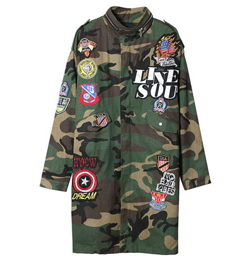 Harajuku Badge Letter Appliques Embroidery Ghost head Camoufla Trench Woman Stand Collar Loose Coat Casual Outerwear